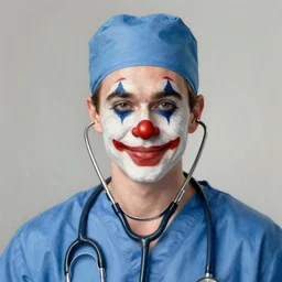 a drawing of a clown with a stethoscope and blue surgical scrubs, face paint, a character portrait, trending on deviantart, neoplasticism, creepypasta, freakshow, macabre, white background