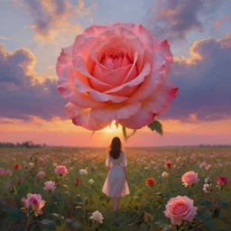large rose head, girl standing in a flower field, surreal photography, sunrise dramatic light, impressionist painting, colorful clouds, digital painting, artstation, simon stalenhag