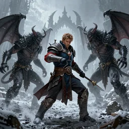 theodore rex in the world of Diablo, battling demons, winter, blizzard