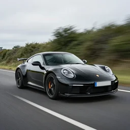 a black 2 0 2 1 porsche 9 1 1 gt 3 driving on a windy road, action photo, 4 k