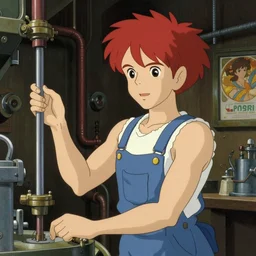 airship engineer working in a boiler room, redhead, tank top, overalls, film still, finely detailed features, oil painting, studio ghibli, tankobon, ilya kuvshinov, krenz cushart, alphonse mucha, range murata