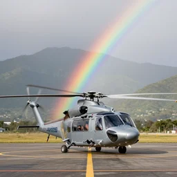 medium shot of sikorsky - 9 2 helicopter standing on the tarmac, double rainbow over large mountains, xf iq 4, f / 1. 4, iso 2 0 0, 1 / 1 6 0 s, 8 k, raw, unedited, symmetrical balance, in - frame