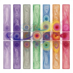 An interlocking series of rectangular nodes driven by vortices singling out a chaotic colorful mosaic premised upon the suffering of all man