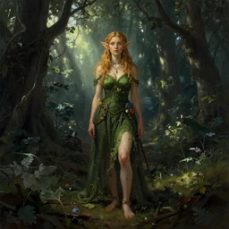 photo of claire boucher as an elf, standing in a forest, fantasy rpg, dark woods in the background, light rays peaking through the tree, 8 k, art by thomas kinkade, very detailed, photo realism