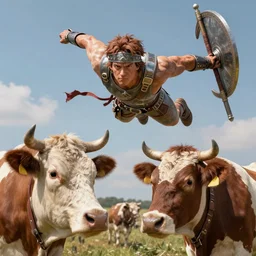 sparta guy flying at cow 8k detailed, high quality, sharp focus, detailed face,