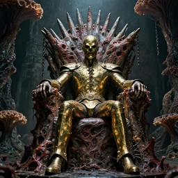 movie still of brass baron of mercury on hell throne in decrepit fungal chamber chain shotting necrotized, alberto bontempi, hyper realism, cinematical, narrative light, muted colors, epic, hyper detailed, awe inspiring, award winning horror, narrative lighting, hyper realism, cinematical