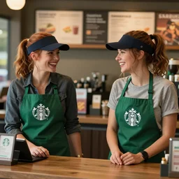 bucky barnes and natasha romanoff working at starbucks, coworkers, starbucks aprons and visors, daytime, at the counter, laughing, warmth, friendship, cinematic, ambient lighting, octane, 8k