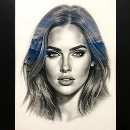 realistic tattoo sketch of megan fox face photoshop double exposure effect with a mountain scenery, in the style of matteo pasqualin, amazing detail, sharp, faded