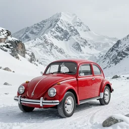 extreme long shot of a snowy red 1 9 7 0 vw beetle standing on mount everest, award winning photo, snow, high detail, desolate, atmospheric, 8 k