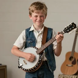 tucker carlson as kid with a banjo from deliverance, eyes squinting, movie image, full body photography, highly detailed, high quality, 8 k, realistic face, path traced