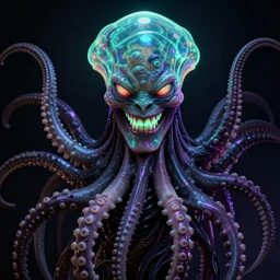 portrait of a bioluminescent creature with wicked grin, tentacles, dark retrowave, highly detailed, asymmetrical artwork, cinematic, hyperrealism, art by zdzisław beksinski and stanley lau and artgerm and magali villeneuve and alphonse mucha, artstation, octane render, unreal engine, 8 k, aperture f 1. 2