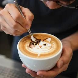 a closeup photorealistic photograph of barista drawing calico cat shaped latte art in a cup. professional capture, well lit shot. this 4 k hd image is trending on artstation, featured on behance, well - rendered, extra crisp, features intricate detail, epic composition and the style of unreal engine.