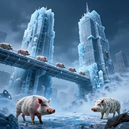 skybridge towers, prehistoric hell pigs, Cold as ice! 🧊, cinematic, hyper realism, high detail, octane render, unreal engine, 8k, vibrant color, unexplained disappearance, mephitic vapors, disposal mummy, by dom qwek and andrea chiampo