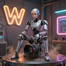 award winning Photograph of a disassembled female robot sitting on a metal, 300mm lense, wide shot, dust particles, rimlights , neon signs —W 1920 —H 1080