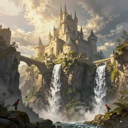 an illustration of a castle on top of a mountain, over a high waterfall, bridges connecting the buildings, low angle, high detail, warm lighting, volumetric, godrays, vivid, huge scene, by tyler edlin and jordan grimmer and greg rutkowski, artstation, fantasy art