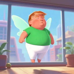 fat little ginger donald trump, wearing bright white pants, wearing green shirt, floating in air in a room, fairy wings, loseup, modern city through window, concept art, artstation, disney, pixar, dreamworks, anime, tyler edlin, feng zhu, jparked, thomas karpi
