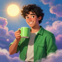 portrait of a ( ( ( una taza de cafe grande y verde ) ) ), ( ( futuro hermoso joven caliente caribeno macho alegre ) ), lleno de nubes y magia, el sol, concept character, by greg rutowski and tezuka and rotello and mucha and bierstadt and remington, trending on artstation