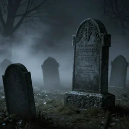 an eerie graveyard with ancient tombstones, misty, strands of fog, creepy, night lighting, finely detailed black and white pencil drawing