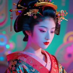 Japanese geisha, illustrated by Greg Rutkowski and Gaston Bussiere, 35mm lens, beautiful macro close-up imagery, vibrantly lush neon lighting, beautiful volumetric-lighting-style atmosphere, a futuristic atmosphere, intricate, ultra detailed, photorealistic imagery, trending on artstation, 4k, 8k