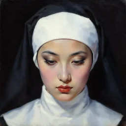 hyperrealism oil painting, complete darkness background, close - up face portrait, view from up, nun fashion model, looking down, in style of classicism mixed with 8 0 s sci - fi japanese books art