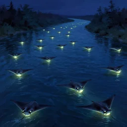 glowing manta ray immigration down a river, evocative, mystical night, detailed, award - winning, trending on artstation artwork by thomas kinkade,
