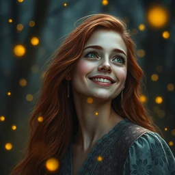 young woman, smiling amazed, golden fireflies lights, full covering intricate detailed dress, amidst nature, empathic, long red hair, precise linework, accurate green eyes, small nose with freckles, beautiful oval shape face, realistic, expressive emotions, dramatic lights, hyper realistic ultrafine art by artemisia gentileschi, jessica rossier, boris vallejo
