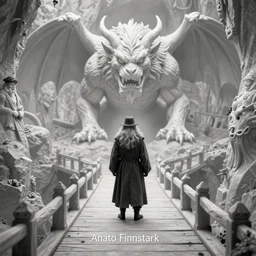 Digital art by Anato Finnstark.  Gandalf stands on a narrow bridge in the dwarven mines.  A Balrog a creature of flame and shadow roars at him.