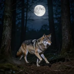 wolf running through a forest at nighttime, illuminated by the full moon