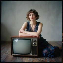 kodak portra 4 0 0, wetplate, vintage television on the floor, muted colours, blueberry, 1 9 2 0 s style, motion blur, portrait photo of a backdrop, concrete, wood, fog, by georges melies and by britt marling