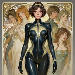 hyperdetailed portrait of woman in a latex bodysuit, digital painting, artstation hq, sharp foccus ilustration, artstation hq. intricate, elegant. wlop, artgerm, greg rutkowski, alphonse mucha, medium shot. dan mumford, tomokazu matsuyama, takato 4 yamamoto