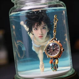 cinestill 5 0 d, 8 k, j. j abrams flare ; esoteric ultra realistic seinen manga nero timepiece in ana meets ran ( 1 9 9 0 ) film still underwater dance scene in frontiers in translucent plastic photography fashion magazine june seinen manga portrait real - life edition, hyperrealistic real - life cyborg shaped clay occult figurine film still in victorian glass jar, pointe pose, perfect eyes, tilt shift wide shot zaha hadid background