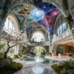 futuristic sharp focus biophilic villa interior with secret garden, arches, fractal ceiling, voronoi, magnolia flowers trees ceramic porcelain stone nebula fluid colorful architecture landscape, highly detailed, granite, marble, moss, vincent callebaut composition, mamou - mani, cinematic morning light, 8 k, unreal engine, uhd