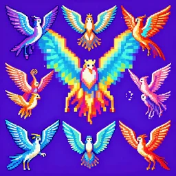 the ophanim, pixel art study, stunning, large range of colors, purple and blue background