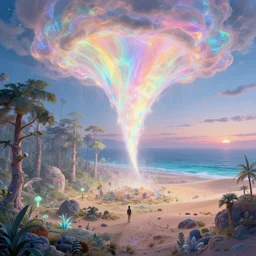 highly detailed holographic iridescent glowing ethereal sci fi world with forests, deserts, oceans, at dusk, by gilbert williams, by simon stalenhag, by beeple, by bruce pennington, by moebius, octane render, with many different pastel shades of blue pink orange yellow green, beautiful volumetric lighting, prismatic tornado