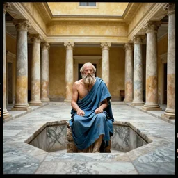 1 9 7 0 s movie still of old socrates in blue drapery in a washy yellow neoclassical corridor with collums inside a marble stone - pit, cinestill 8 0 0 t 3 5 mm, high quality, heavy grain, high detail, panoramic, ultra wide lens, cinematic composition, dramatic light, anamorphic, piranesi style