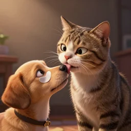 of a cat licking a dogs eye glue, pixar studio, detailed