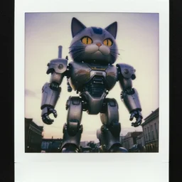 giant oversized cat as cyborg mecha cat, in legnica, full body shot, cinematic focus, polaroid photo, vintage, neutral dull colors, soft lights, sunset,, film still close up by by victor enrich, by gregory crewdson