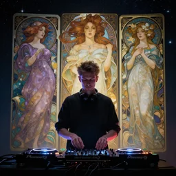 Man djing under the stars, digital art, artstation, ultra realistic, volumetric lighting, 4k, unreal engine, octane render, art by Artgerm and Greg Rutkowski and Alphonse Mucha