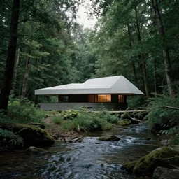 a house design by frank lloyd wright standing in the middle of a large stream, forest, mysterious, craig mullins