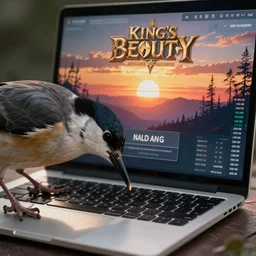 a very close - up bird pecking at a laptop, laptop has stock market trades on screen, sunrise in the horizon, in concept art of main menu loading screen background. for english mmorpg king's bounty by katauri, high fedlity, by a chinese freelance artist, artstation, behance, style of hearthstone