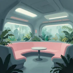 classy rainforest foliage bleak austere cold inside the captain's lounge. fluorescent pleasing - palette spaceship interior cozy. flowing stylized futurism contours with appeal, matte painting pastel from fantasia from fantasia ( 1 9 4 1 )