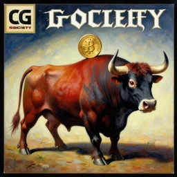a painting of a bull with a gold coin on its back, cyberpunk art by Salvador Dalí, featured on cg society, fantasy art, #myportfolio, official art, poster art