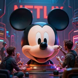 a group of people repairing the head of mickey mouse, netflix logo on the background, cyberpunk art by eddie mendoza, cgsociety, retrofuturism, dystopian art, concept art, unreal engine highly rendered, global illumination, radiant light, intricate and detailed environment