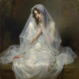 loose painting of a sad fragile beautiful veiled girl covered in translucent flowing dress, endless flowing ethereal drapery, classical greece, alla prima, oil painting, by giovanni strazza, sargent and raffaelo monti, arranged in the golden ratio, epic composition, trending in artstation