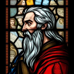 side - view portrait of geralt of rivia, in the style of 1 5 th century stained glass window, church window, masterful