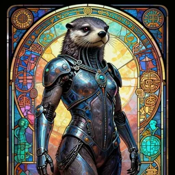 The Cybernetic otterfolk assassin. Synthwave. retropunk, stained glass, mayan symbols, 8k resolution, extremely detailed, digital illustration. Poster by alphonse mucha.