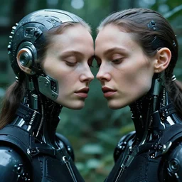 cinestill 5 0 d photographic portrait by helen levitt of affection between two loving female cyborgs wearing black techwear in a retrofuturist garden, extreme closeup, modern cyberpunk, moody, 8 k, hd, high resolution, 3 5 mm, f / 3 2, ultra realistic faces, intricate detail, ex machina