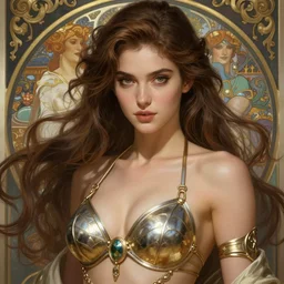 beautiful young attractive woman, closeup, d & d, fantasy, intricate, elegant, very attractive, vearing an armored bikinni, highly detailed, digital painting, artstation, sharp focus, fantasy art, illustration, 8 k, art by artgerm and greg rutkowski and alphonse mucha