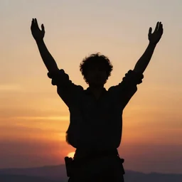 an inspirational painting of prince silhouetted, raising both arms in celebration, by delphin enjolras, sunrise background, freedom, a new dawn, highly detailed, sharp focus, cinematic, trending on artstation