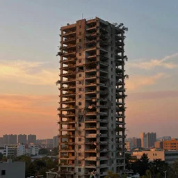urban overgrown tower about to collapse, unsteady and sunset abstract art